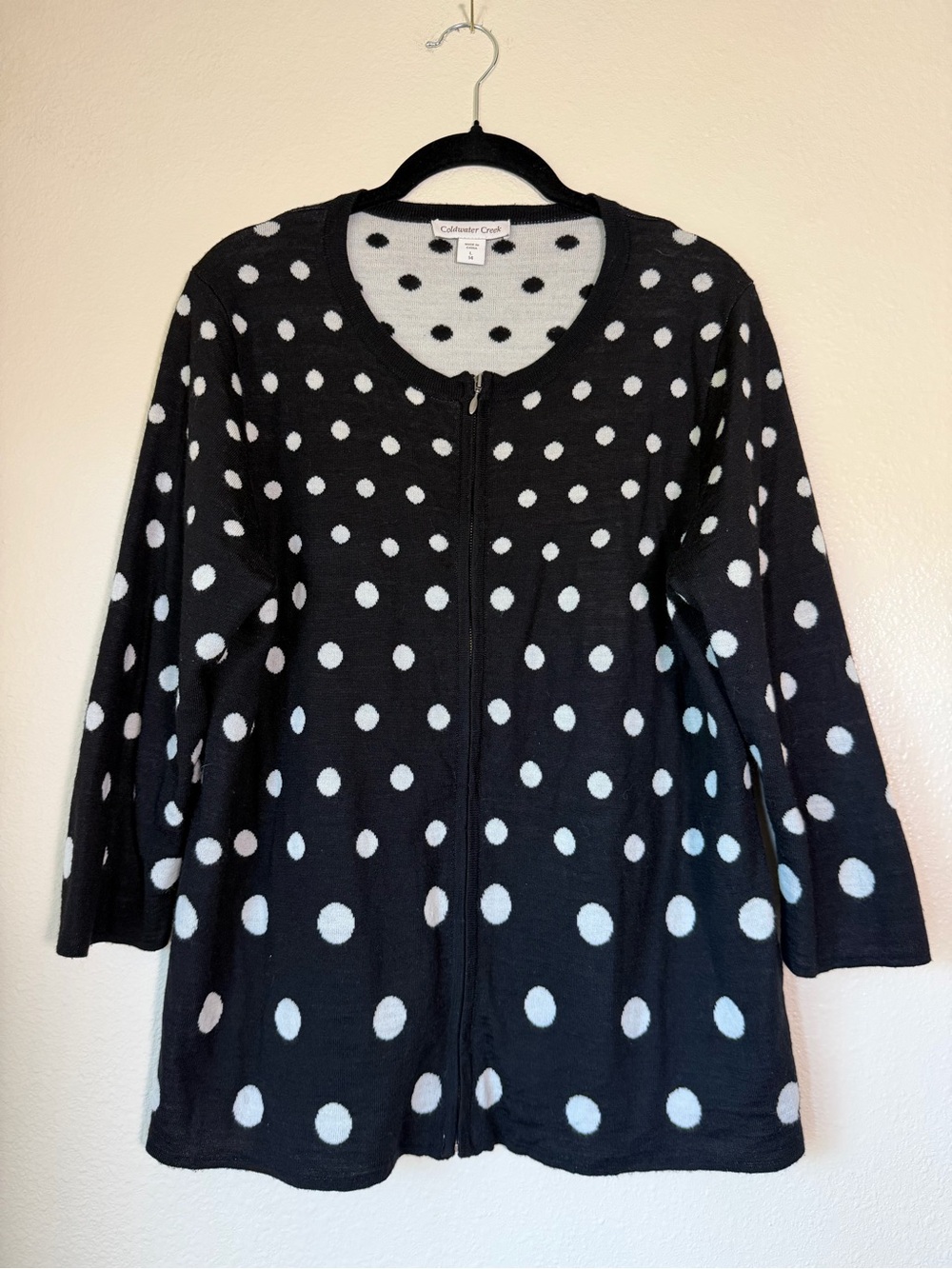 Coldwater Creek Merino Wool Blend Polka Dot Zip Cardigan